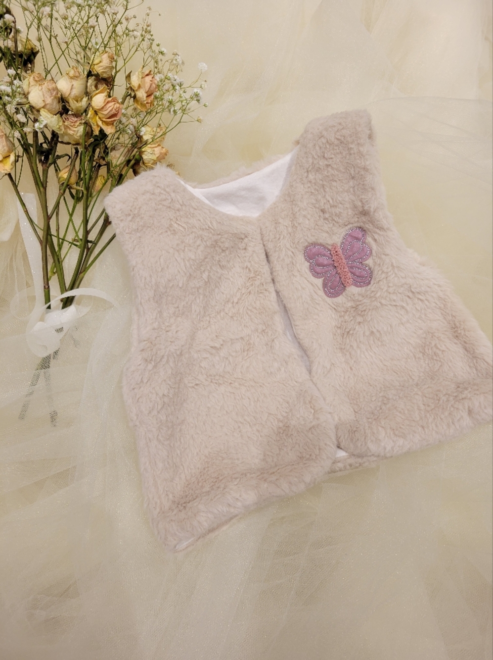 Girls Plush Cream Butterfly Embroidered Vest
